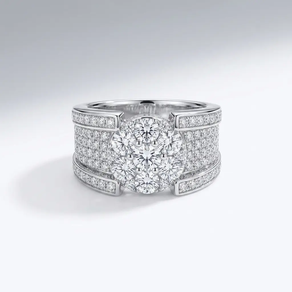 Luxury Moissanite Cluster Wide Band Ring, Silver-Plated Crystal Moissanite Statement Costume Jewelry Ring, Moissanite Cluster Rings, Crystal Moissanite Rings