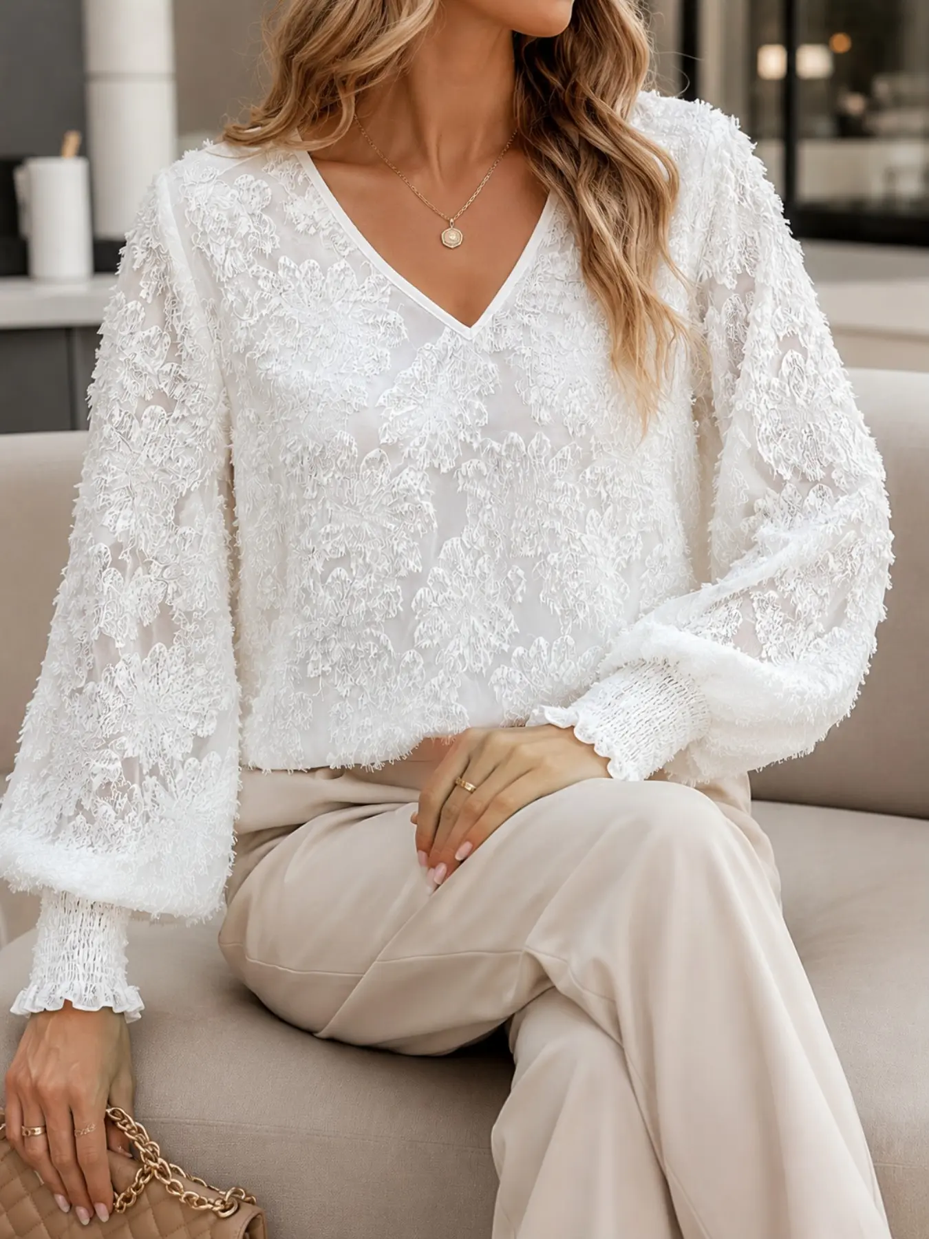 French Style V Neck Blouse, Elegant 3D Pattern Design, Loose Lantern Long Sleeve with Ruffled Hem, Short Cut for Balanced Proportions