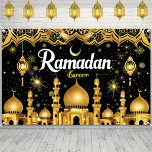 Ramadan Kareem Calligraphy Banner Backdrop Islamic Art Style Polyester Fiber Tapestry Wall Hanging Photography Background Elegant Script Wedding Party Home Studio Mosque Indoor Outdoor Durable Fabric