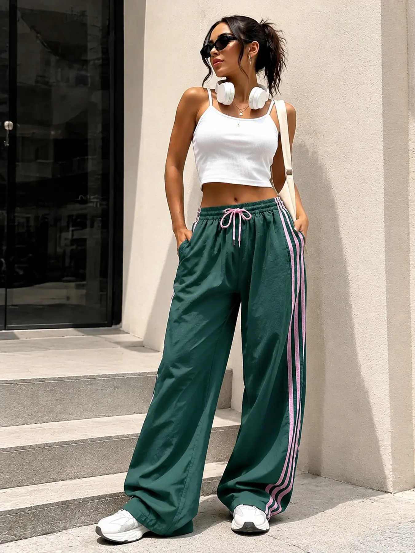 Women's Y2K Retro Striped Sporty Sports Pants, Ink Loose Wide Leg Pants, Drawstring Adjustable High Waist Casual Pants, Streetwear Daily Wear