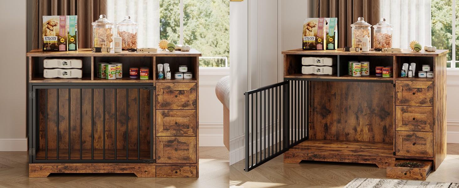 48'' dog crate furniture, heavy duty medium dog crate with bowl & storage drawers, crates for dogs indoor end table for small medium, retro brown 48'' dog crate furniture, heavy duty medium dog crate with bowl & storage drawers, crates for dogs indoor end table for small medium, retro brown