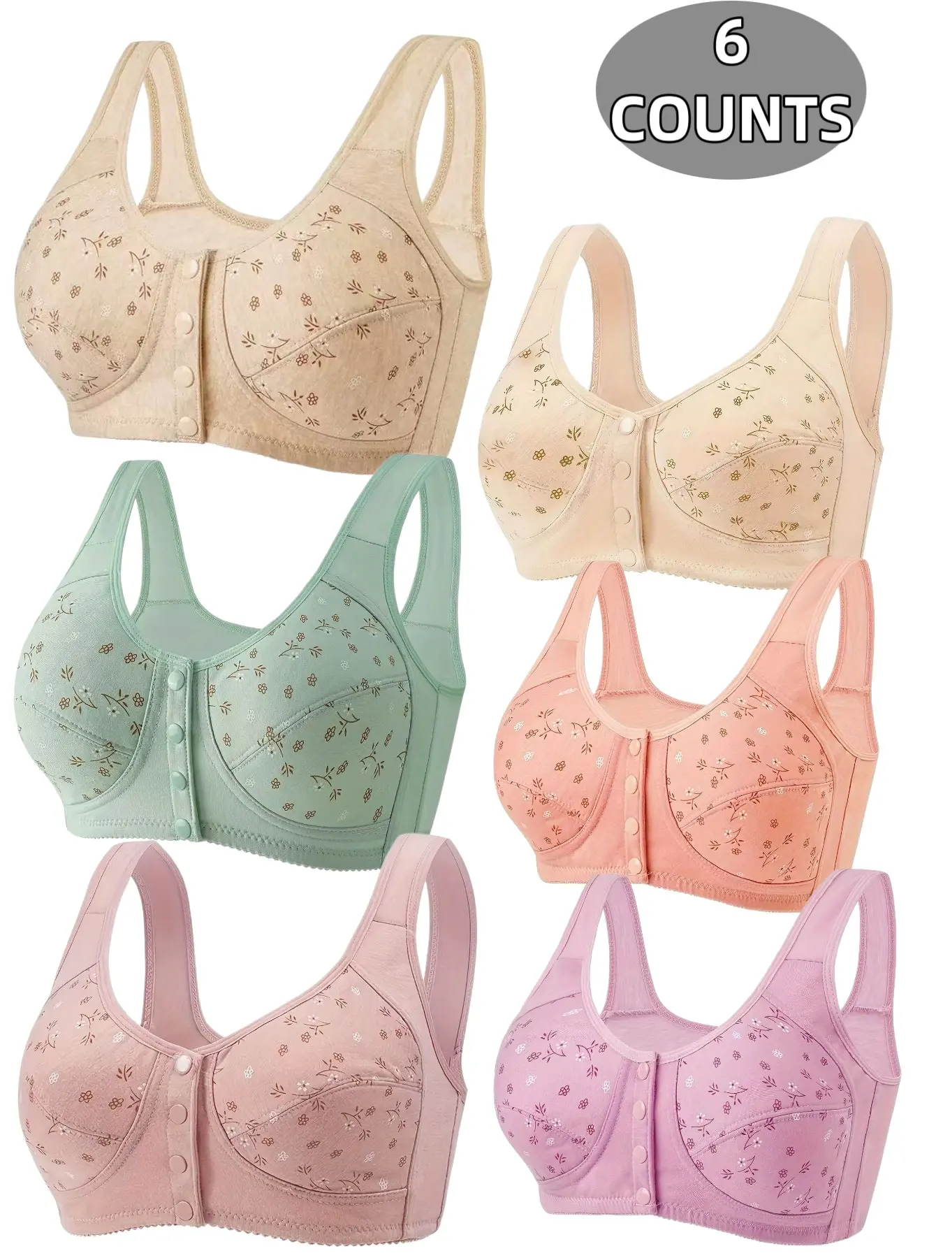 6-Pack Women's Wire-Free Front Buckle Bralettes, Seamless Comfort Fit, Full Coverage, Breathable Soft Fabric, All-Season Everyday Support