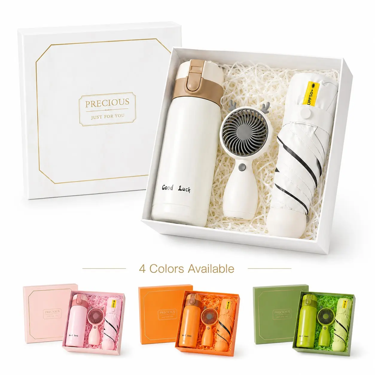 Unisex Health Gift Set, Summer Care Kit with Insulated Cup, Portable Mini Fan, Folding Umbrella, Birthday Gift Box, 4 Colors Available