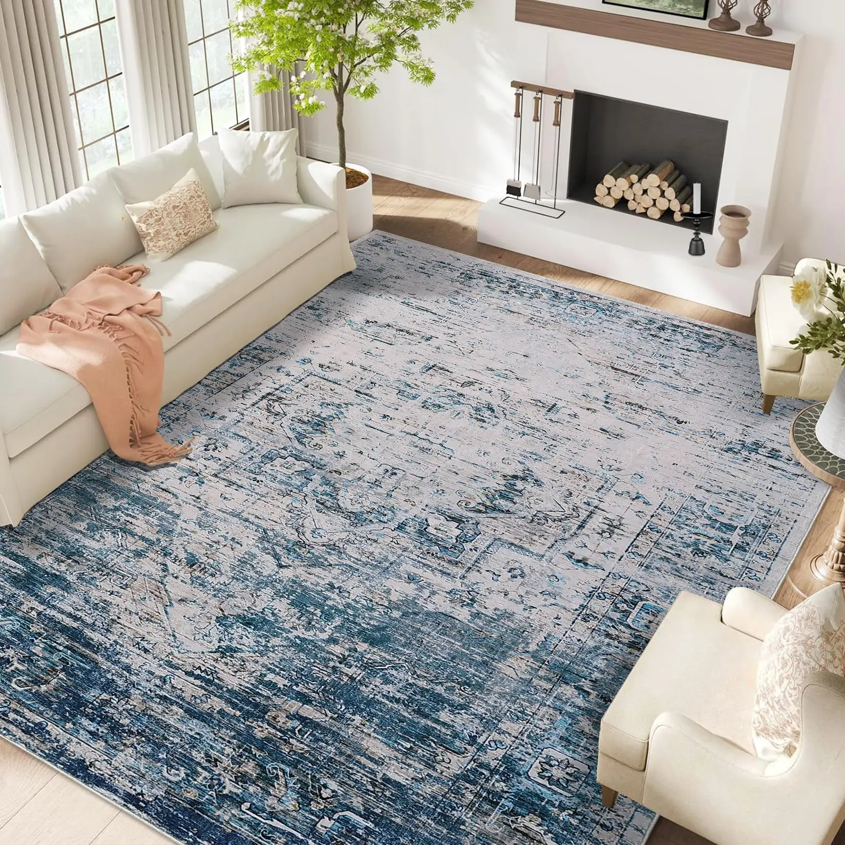Garvee 8x10 Area Rugs for Living Room, Machine Washable Non-Slip Ombre Vintage Distressed Accent Rug, Ultra-Thin Soft Large Area Rug for Bedroom Dining Room, Blue/Beige Multi