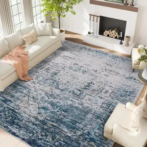 Garvee 8x10 Area Rugs for Living Room, Machine Washable Non-Slip Ombre Vintage Distressed Accent Rug, Ultra-Thin Soft Large Area Rug for Bedroom Dining Room, Blue/Beige Multi