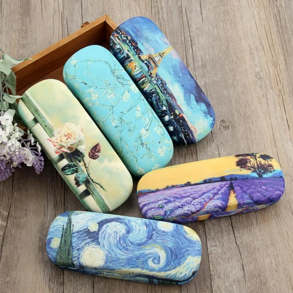 Vintage Art Compact Eyeglasses Case - Retro Look Fashion Portable Oil Painting Print, PU-Wrapped Metal Shell Hard Tin, Shockproof Compressive Daily Carry Storage for Myopia Glasses & Sunglasses Travel Use, Unisex, Road Trips, Crossbody Bags, Oil Paintings
