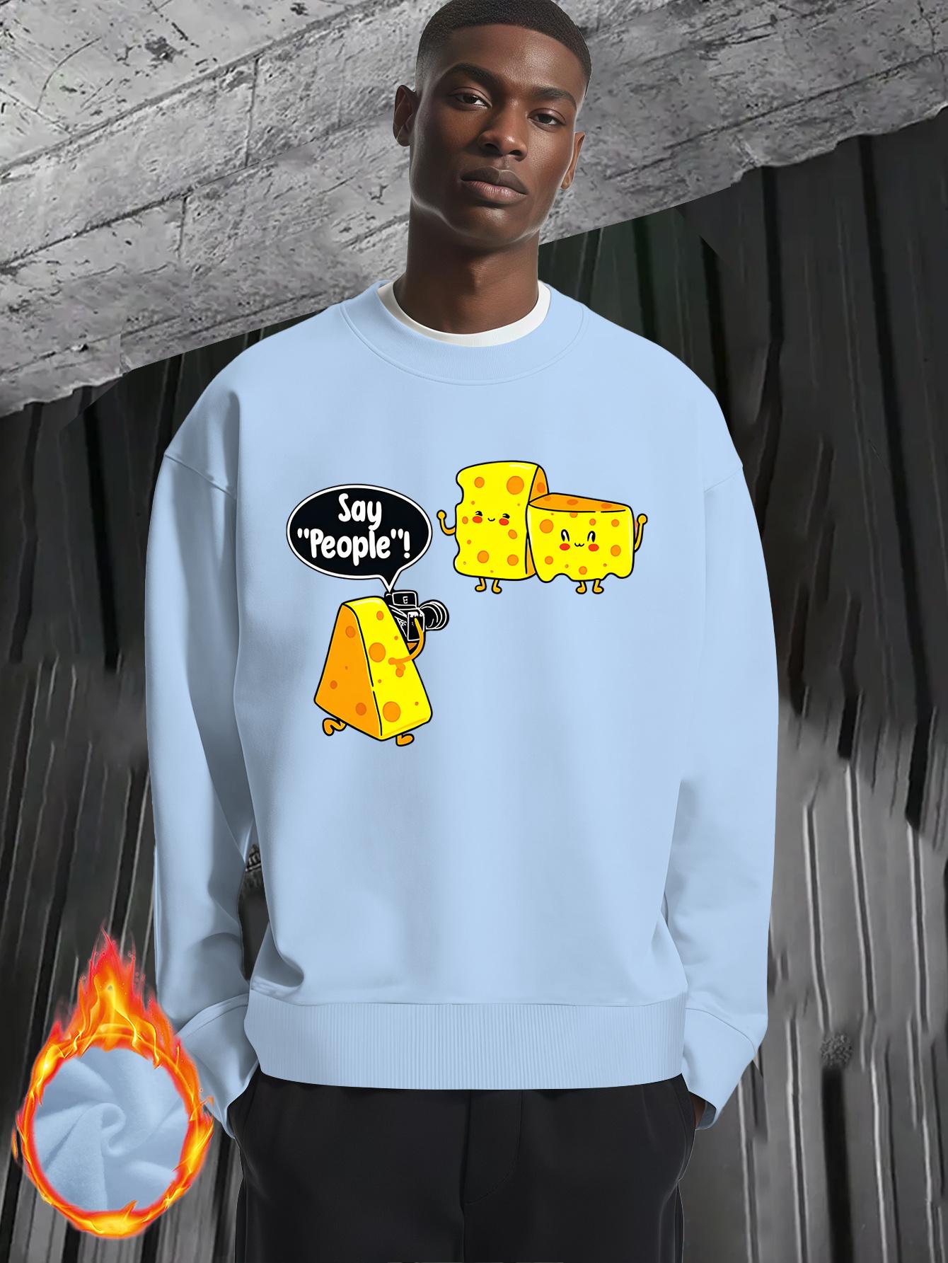 Men'S Funny Cheese & Cheese Slice Graphic Sweater - Oversized Round Neck Long Sleeve Thickened Winter Warmth, Loose Fit Casual Pullover with Cheese Slice & Cheese, Cheese Print - Comfortable Everyday Essential For Men, Cheese Sweater