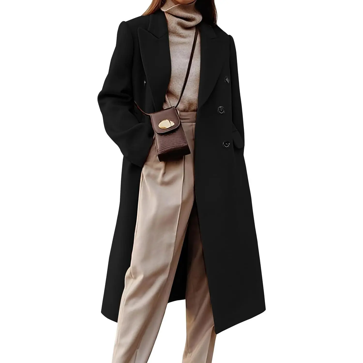Women's Long Wool Coats Fall Winter Double Breasted Trench Coat Peacoat