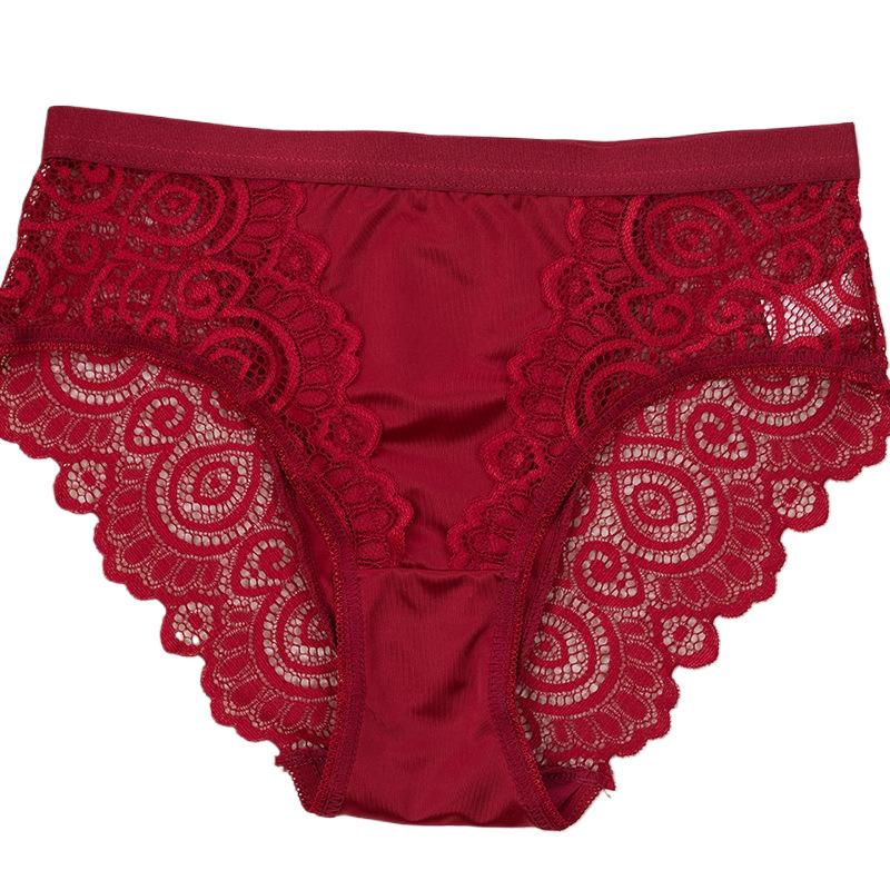 Lace underwear women's mid waist sexy European and American size patchwork see through lace triangle pants