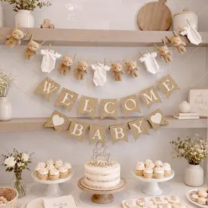ThenShop 45 Pieces Neutral Baby Shower Decorations - Baby Shower Bear Banner & DIY Clothesline Kit with Clothespins - Welcome Banner - Neutral Gender Reveal Party - Party Supplies We Can Bearly Wait