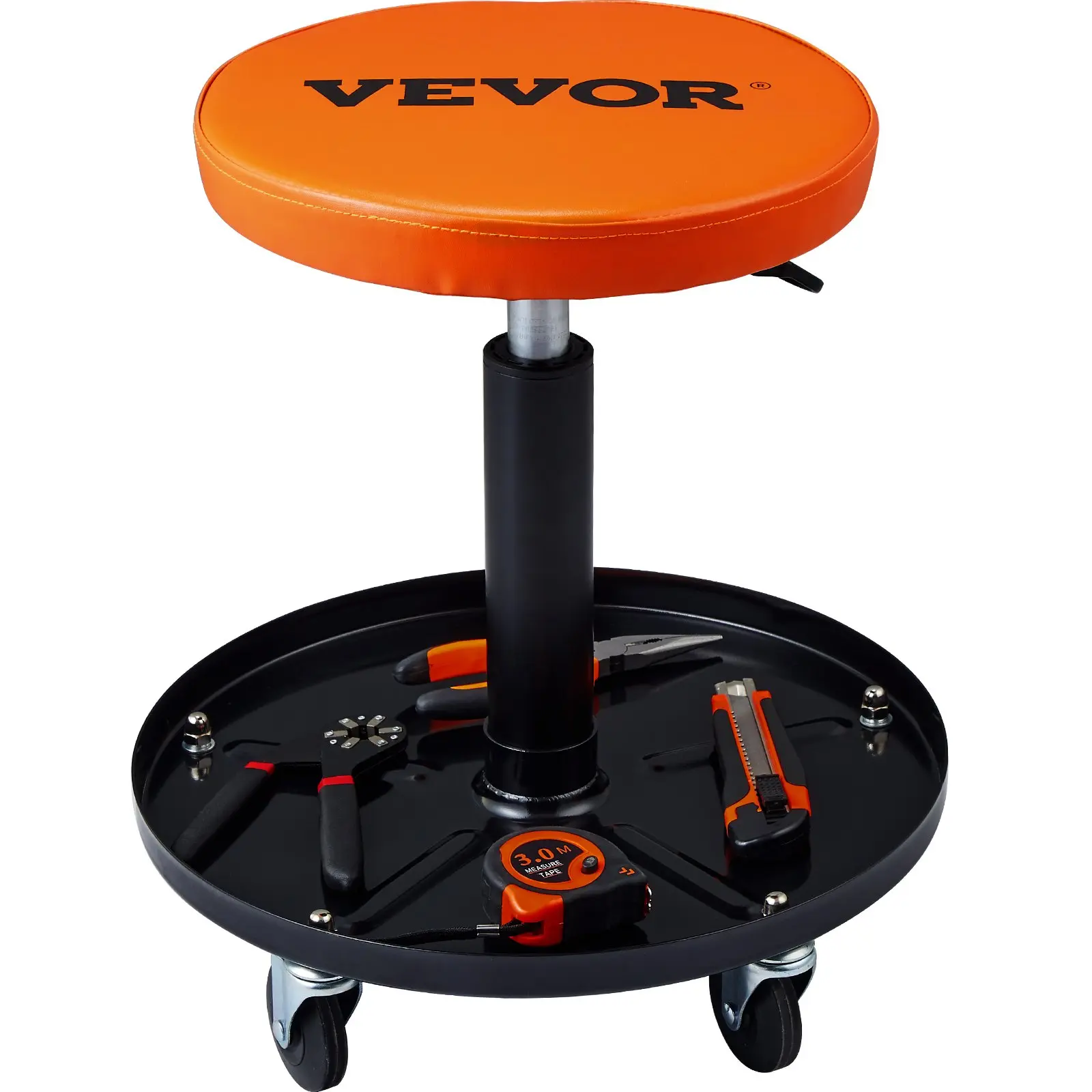 VEVOR Mechanic Stool - 250 LBS Capacity Rolling Pneumatic Creeper with Tool Tray, 22 in-28 in Adjustable Height Padded Shop Seat, 360 Flexible Movement & Stable Support, for Garage Auto Repair, Black+Orange