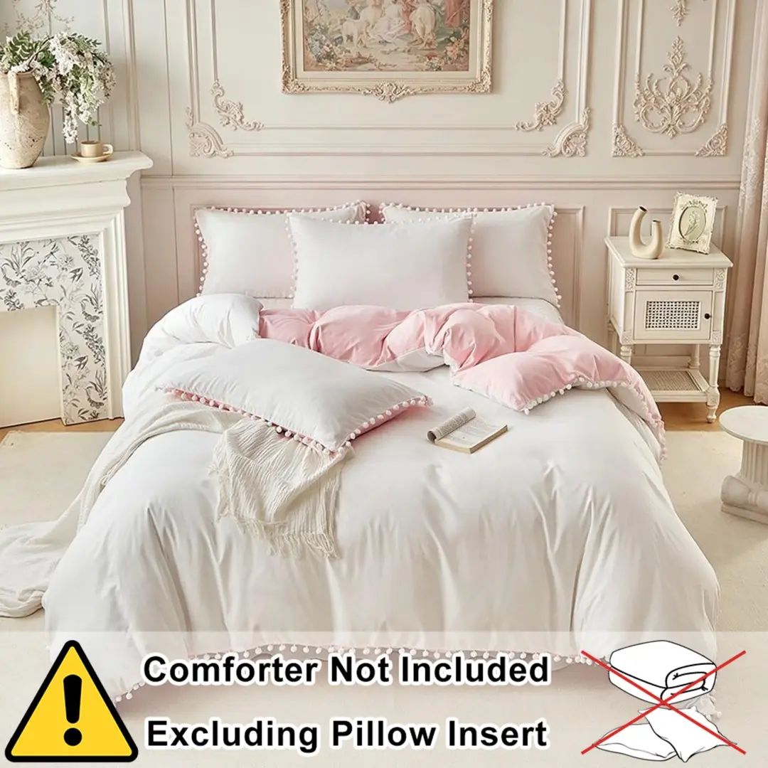 Pink and White Double-Sided Reversible duvet cover Set, bed sets, Polyester bed set - 2/3 Set (1 duvet cover + 1/2 pillowcase), with ball-shaped frills design, for home decoration, Decorative duvet cover, suitable for all seasons, 9 sizes