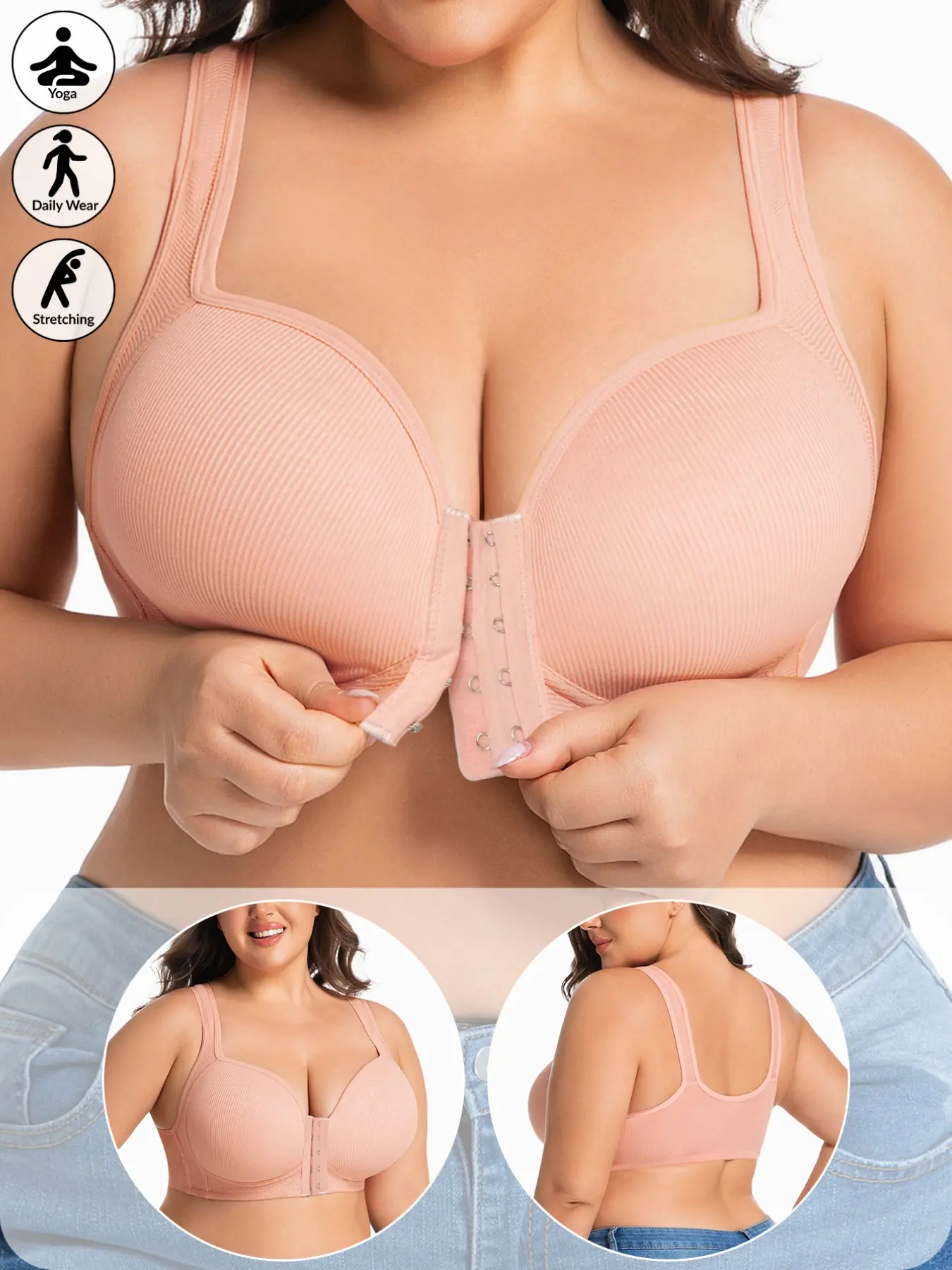 Women's Plus Size Adjustable Front Buckle Bra, Wireless Seamless Design, Side Support, Breathable Fabric, Casual All-Season Wear