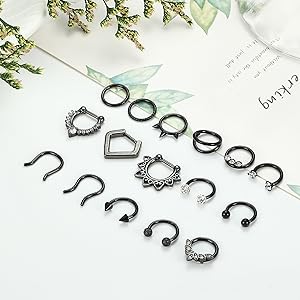 Besteel 16 Pcs Gold Silver Black Hypoallergenic Septum Rings 16G 8mm Surgical Steel nose rings Hoops Jewelry Set Small for Women Men Jewellery Body Piercing Kit Piercings Kits Besteel 16 Pcs Gold Silver Black Hypoallergenic Septum Rings 16G 8mm Surgical Steel nose rings Hoops Jewelry Set Small for Women Men Jewellery Body Piercing Kit Piercings Kits
