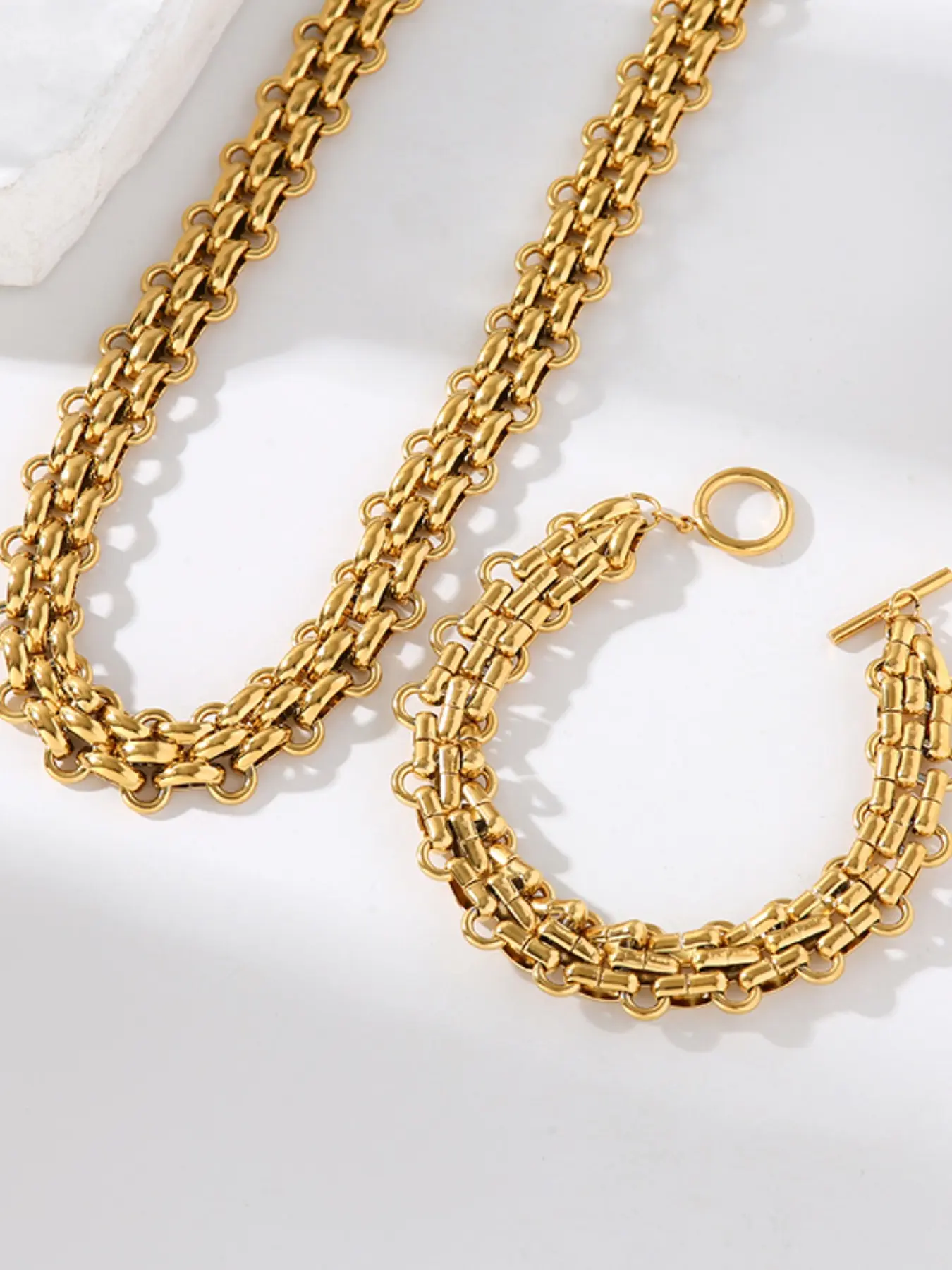 2Pcs Stainless Steel Cuban Chain Statement Necklace Bracelet Set For Women New Punk 18K Gold Plated Waterproof Jewelry Sets