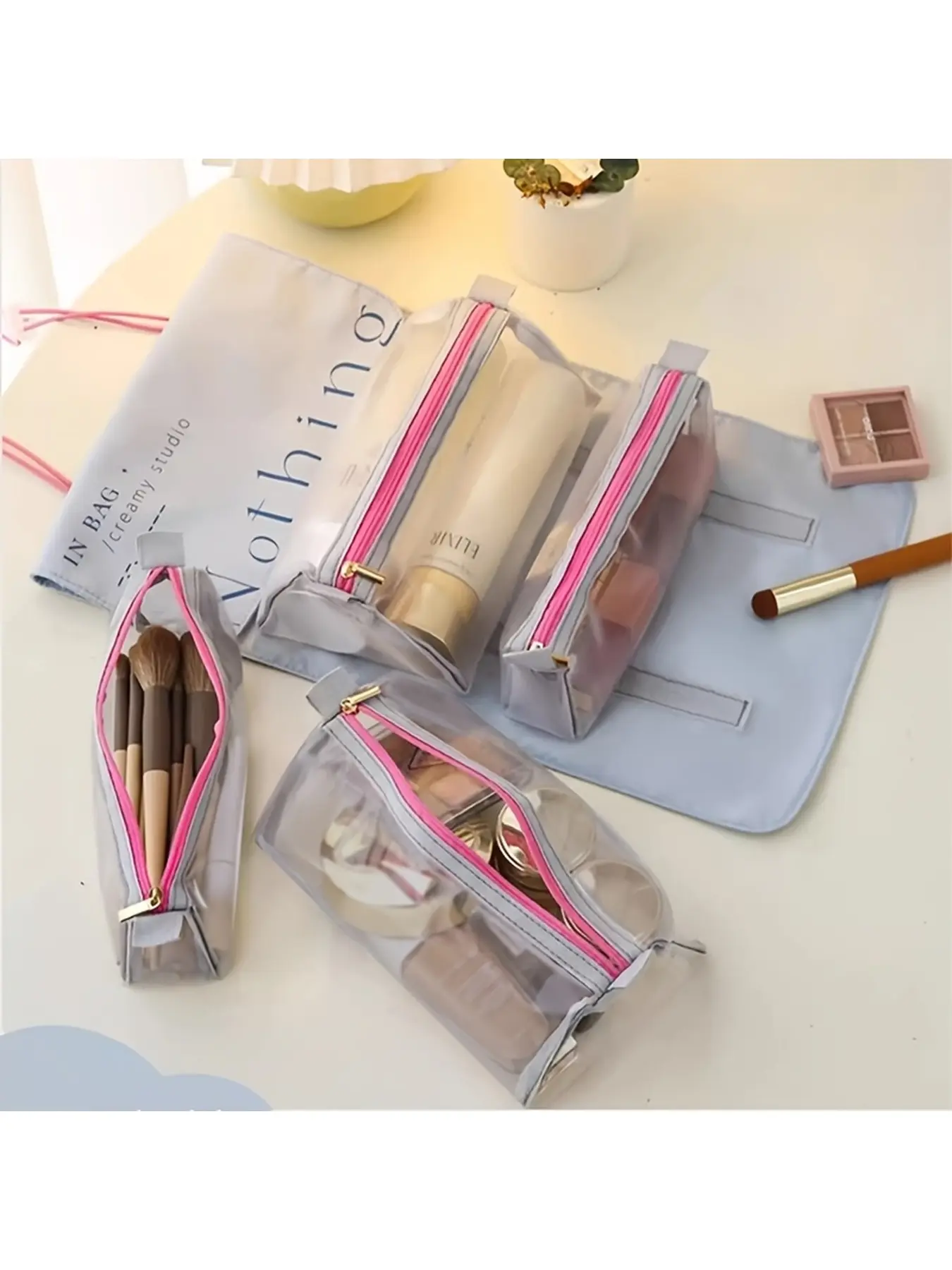 Roll Up Makeup Bag with 4 Clear Zipper Compartments, Foldable Travel Cosmetic Organizer with Elastic Closure for Makeup Brushes, Skincare and Toiletries