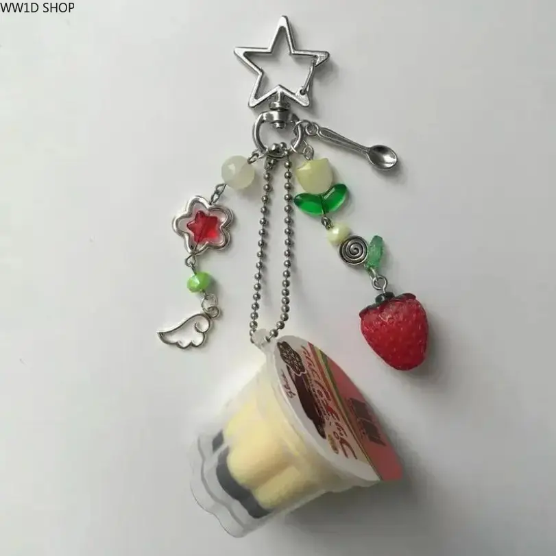 Japanese Pudding Keychain  Japanese Pudding Keychain for Women and Girls, Pink and Yellow Egg Flan Bag Charm Pendant, Cute Beaded Accessory for Backpacks, Handbags and Keys
