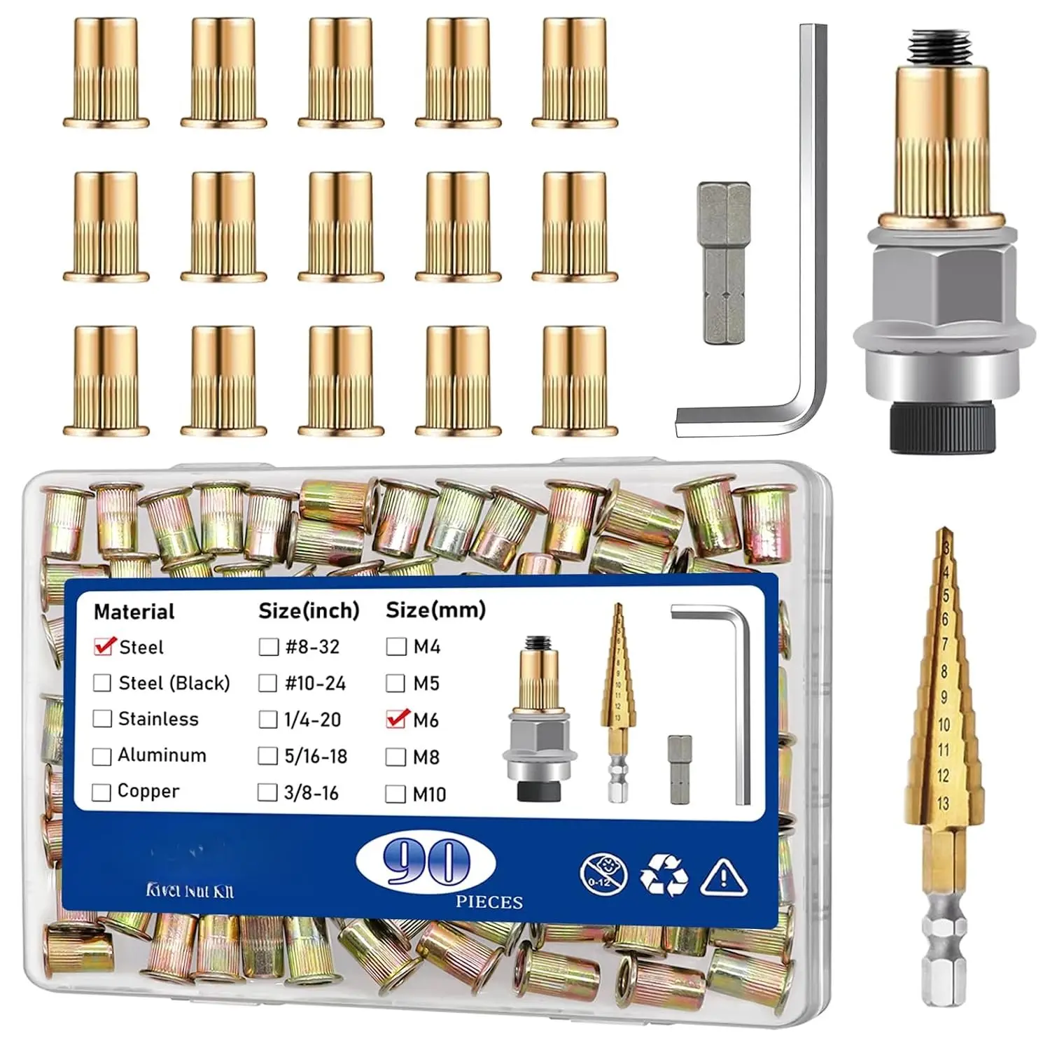 90 count M6 Rivet Nut Installation Tool Sel, Carbon Steel Zinc Flat  Riveter Nutsert Tool Kit