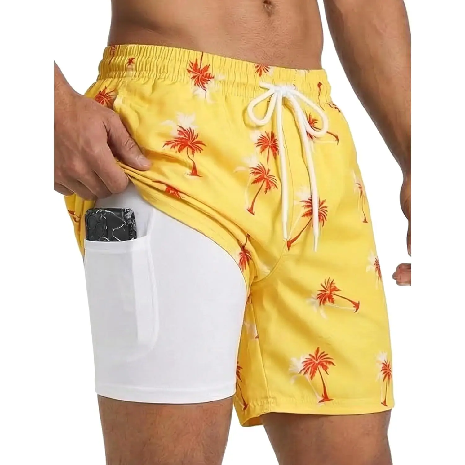 2 in 1 Mens Swim Trunks with Compression Liner 5" Quick Dry Board Shorts Anti-Chafe Bathing Suit with Zipper Pockets