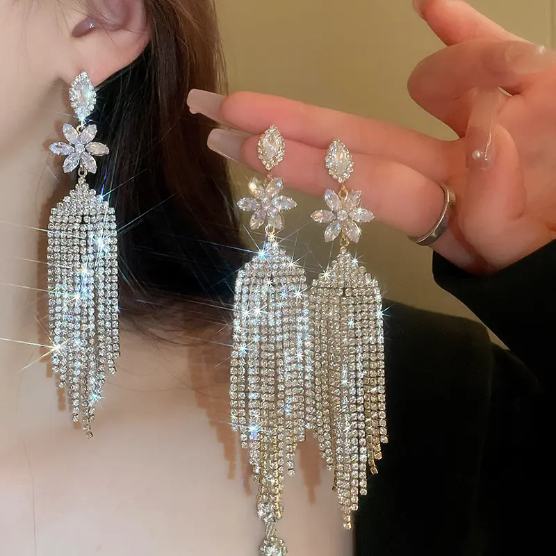Women's S925 Silver-Pin Zircon Tassel Drop Earrings, Chic Luxury Dangle Ear Jewelry, Elegant Unique Fashion Accessories