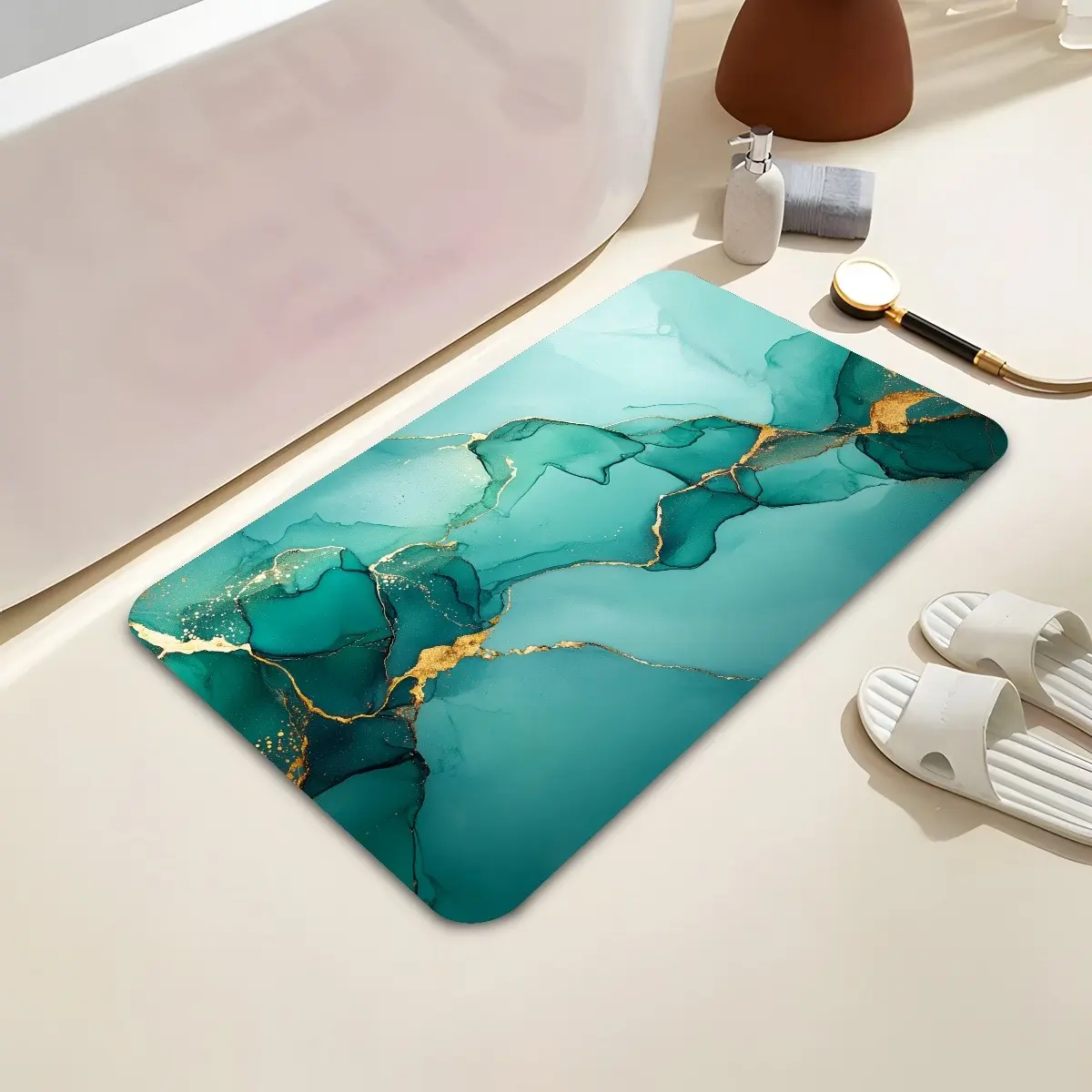 1 piece of luxurious blue and gold marble bathroom mat - super absorbent, non-slip, quick-drying diatomite bath mat, suitable for shower rooms, bathtubs, and entryways - elegant bathroom carpet