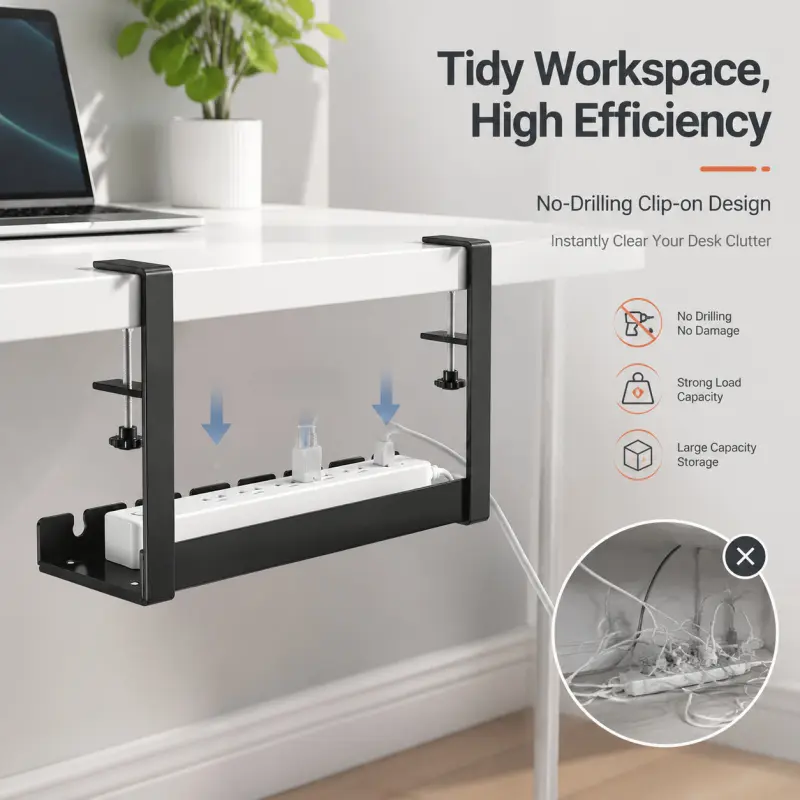 No-Drill Under-Desk Cable Management Tray - Clip-On Power Strip Organizer for Desk Clutter-Free Setup