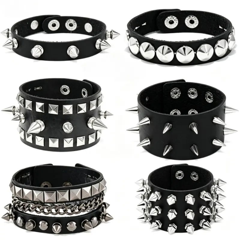 Gothic Punk Wrist Bands, 6-Pack PU Leather Bracelet Set with Spikes and Studs, Unisex Edgy Look Rivet Cuffs for Concerts and Everyday Use, Spikes Studs, Thanksgiving, Accessory For Concert, Bracelets, Spiked Studs