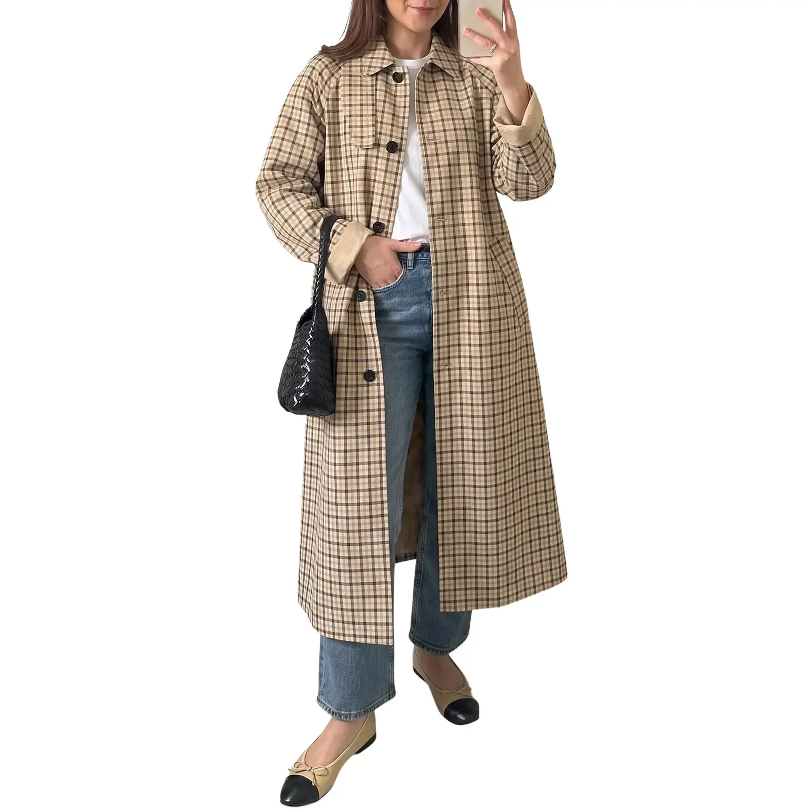 TANKANEO Women Oversized Plaid Long Shacket Coat, Lapel Collar Button Down Long Sleeve Casual Trench Shirt Jacket with Pockets