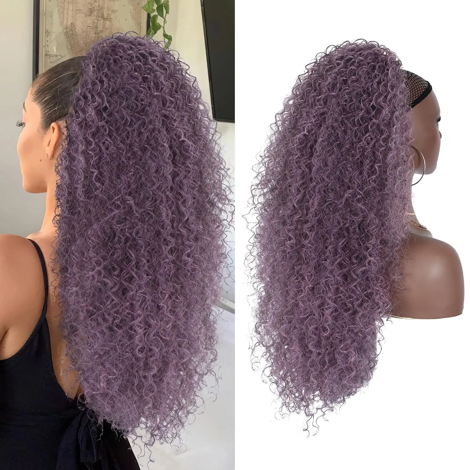 27 Inch Drawstring Ponytail Extension for Black Women Deep Curly Ponytail Extension Synthetic  with Human Hair Hairpieces Afro Kinky Curly Pony Tail for Daily Use (  Grey)