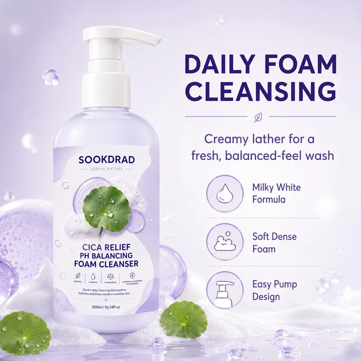 Cica Relief PH Balancing Foam Cleanser, cica extract, soothes, hydrates, pH balancing, comforts skin barrier, facial cleanser, sensitive skin, daily cleansing, 300ml/10.14fl oz