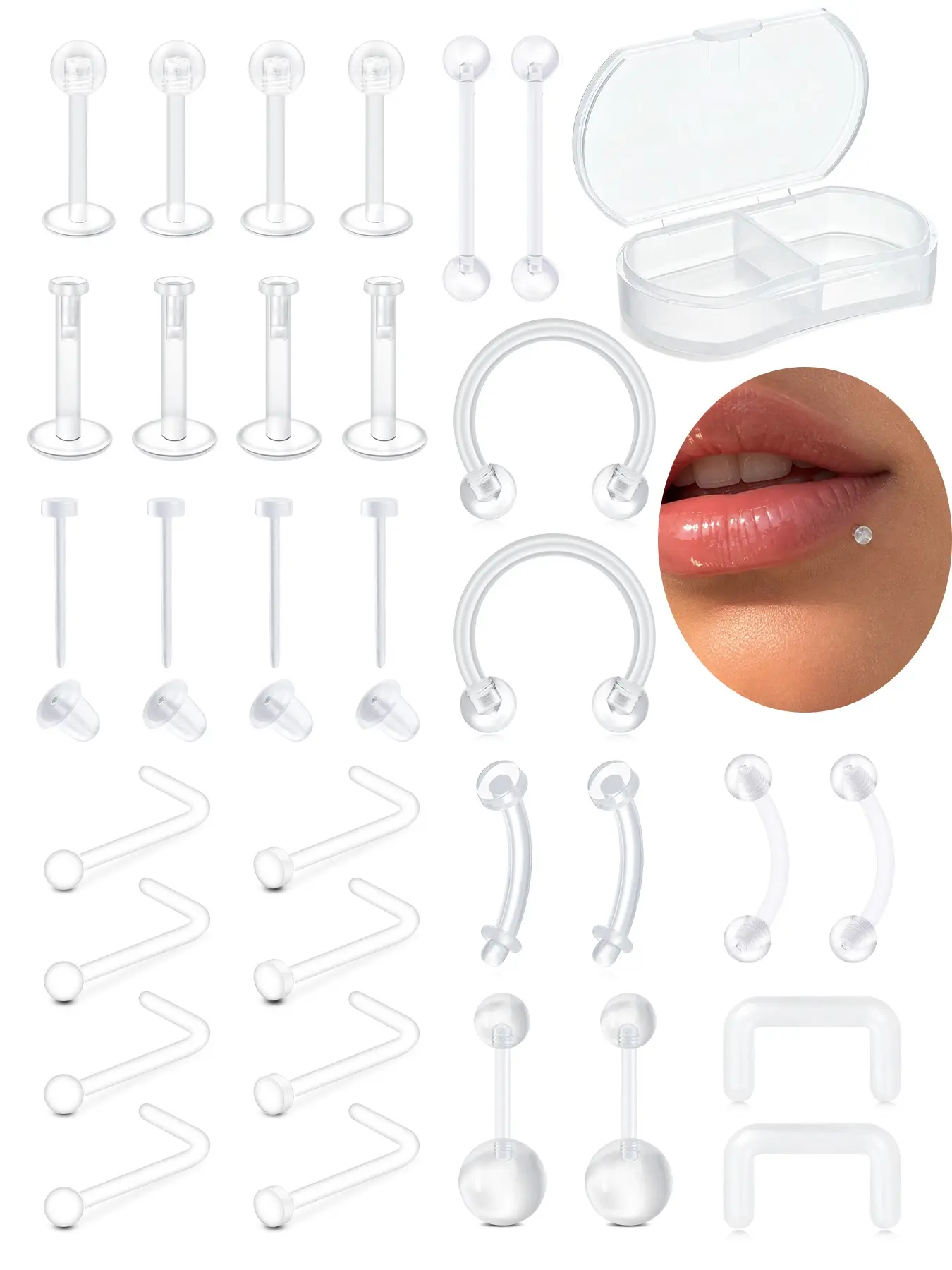 32pcs Clear Nose Stud Piercing Retainer Set with Storage Box Bioflex Plastic Body Jewelry Lip Helix Septum Eyebrow Belly Cartilage Tongue Invisible Flat Back Earring for Women Men Sport Surgery Work Back to School Gift