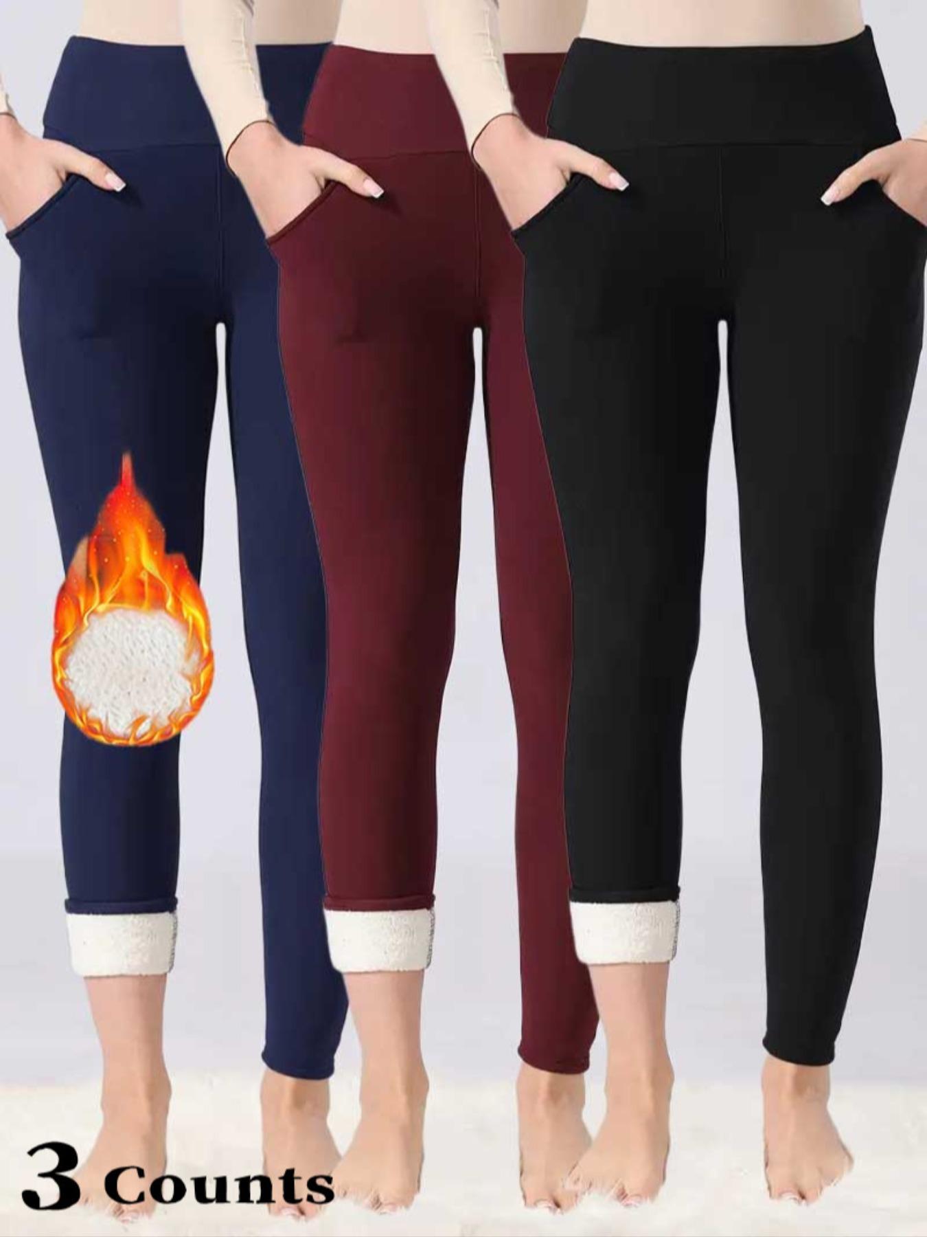 Women's Fall Winter High Waist Fleece Lined Leggings, Skinny Yoga Bottoms, Sporty Tight-Fitting Yoga Pants with Pockets, Warm Thick Woven Fabric