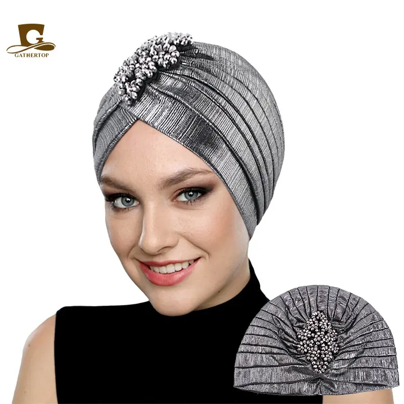 Glamorous Metallic Silver Pleated Turban Beanie Sparkly Beaded Rhinestone Emblem Slip On Headwrap Full Coverage Hair Protection Women Evening Party Church Daily Wear