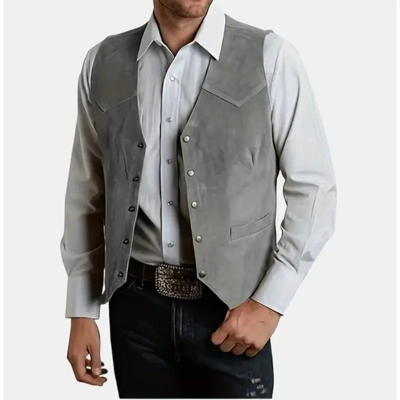 Rugged style Men'S Casual Suede Leather Vest Vintage Cowboy Style Sleeveless Jacket Slim Fit Wedding Waistcoats V-Neck Regular Fit Spring/Case 95% Polyester 5% Elastane Solid Color Button Front Woven Polyester Lining