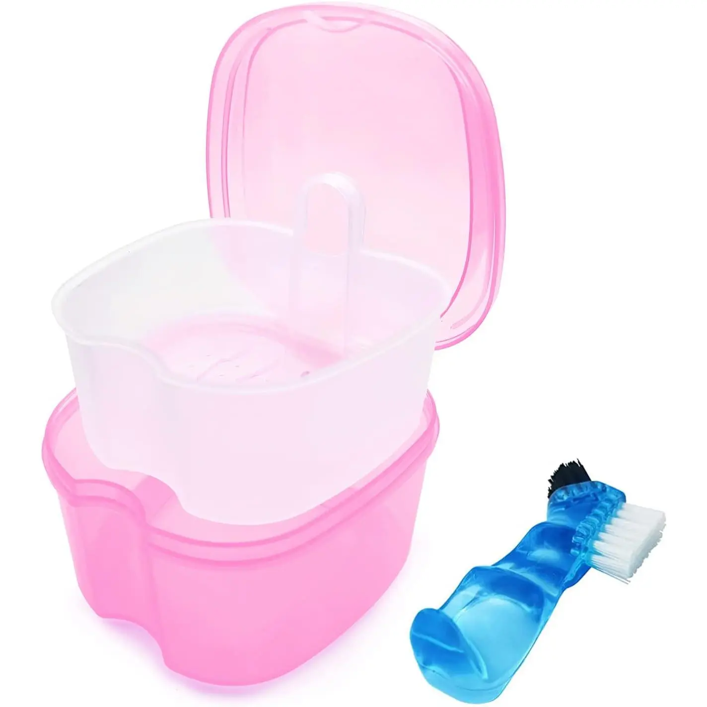 Denture Bath Case Denture Soaking Cup with Brush, Denture Holder Case Retainer Cleaning Case False Teeth Storage Box for Travel and Daily Use
