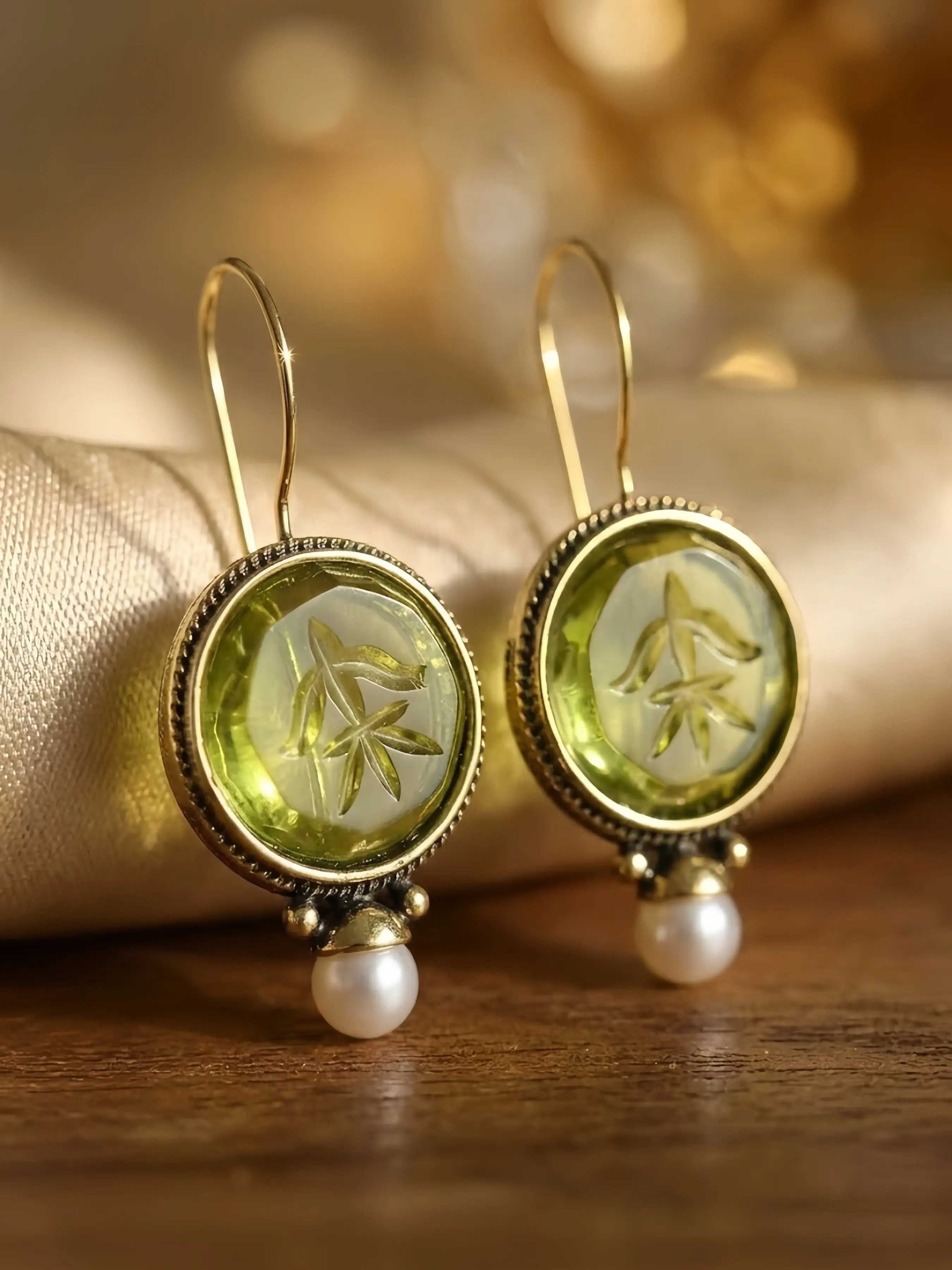 Vintage Gold Plated Intaglio Glass Drop Earrings for Women, French Baroque Carved Green Floral Dangle Earrings with Faux Pearl, Elegant Court Style Antique Jewelry Gift