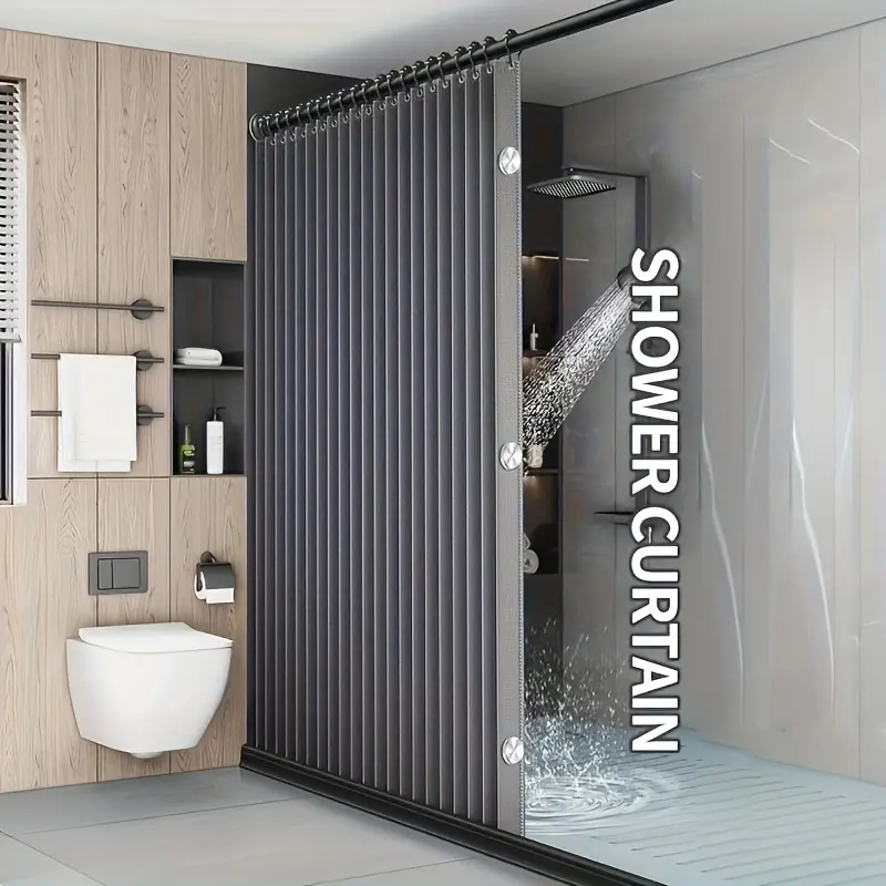 Gray Foldable Shower Curtain Set, Bathroom Privacy Partition with High-Temperature Folding Blanket, Grommet Black Hook Holes, Wave Folding Screen, Machine-Washable Plain Fabric, All-Season Hook Attachment