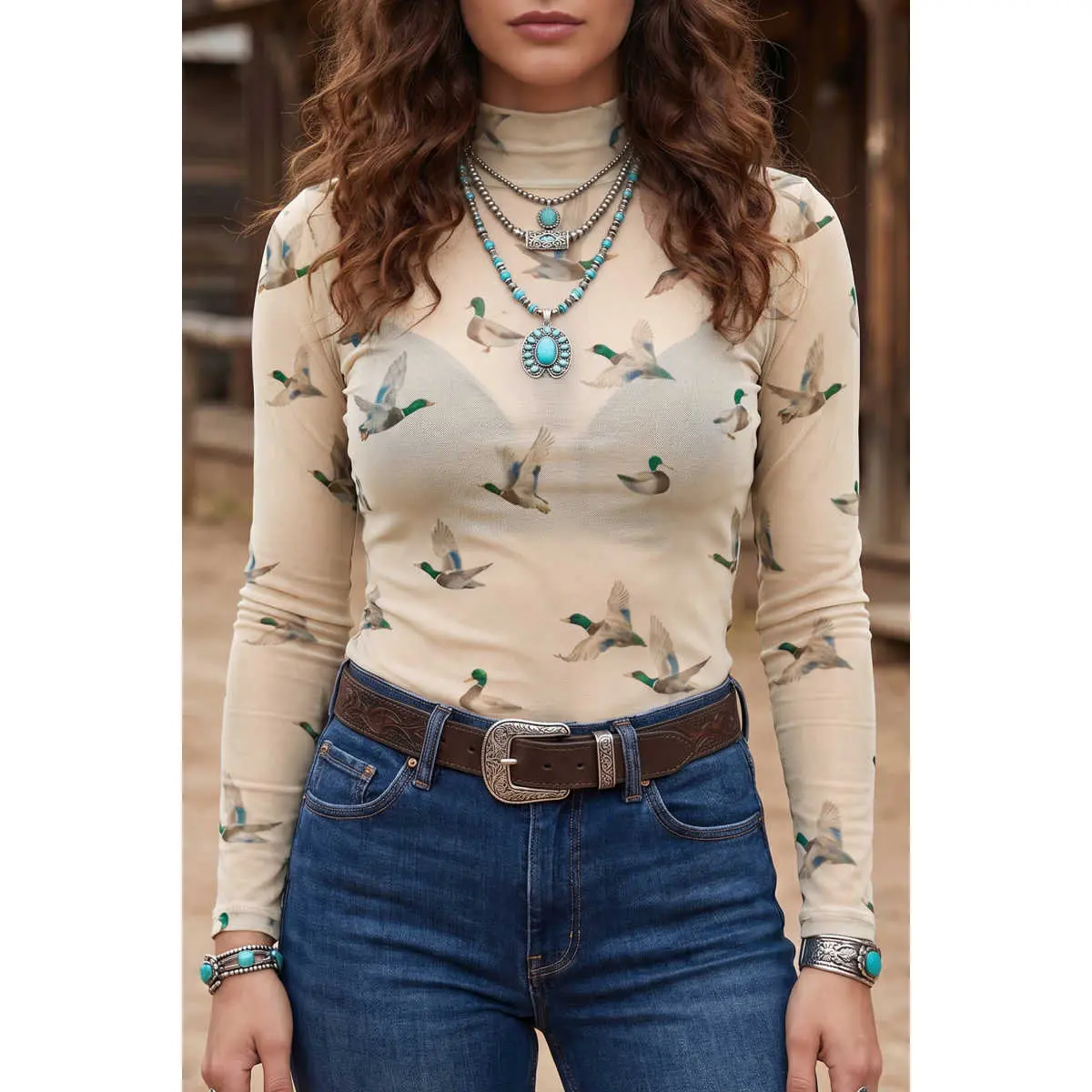 Women’s Beige Western Print Mesh High Neck Long Sleeve Sport Top