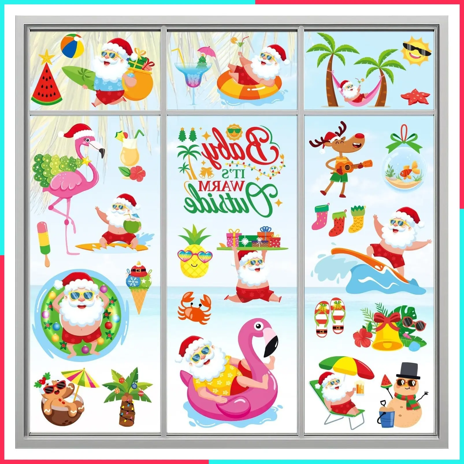 Christmas in July Tropical Window Clings, Summer Christmas Window Decorations