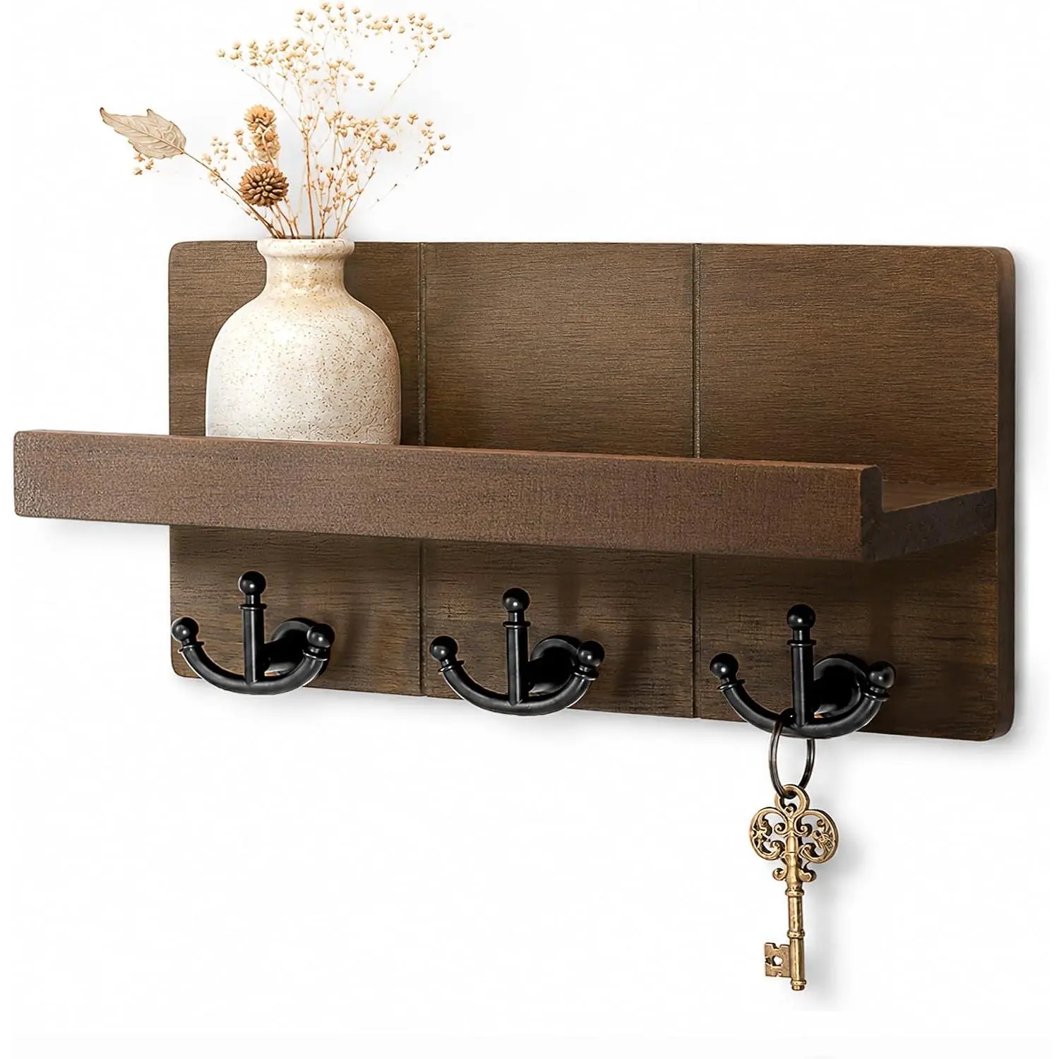 Key Holder Wall Mount with 3 Hooks for Entryway, Retro Brown | Key Holder for Wall, Floating Shelf,  Display, Mail Organizer, Anchor Key Hanger, Rustic Storage, Decorative  Decor