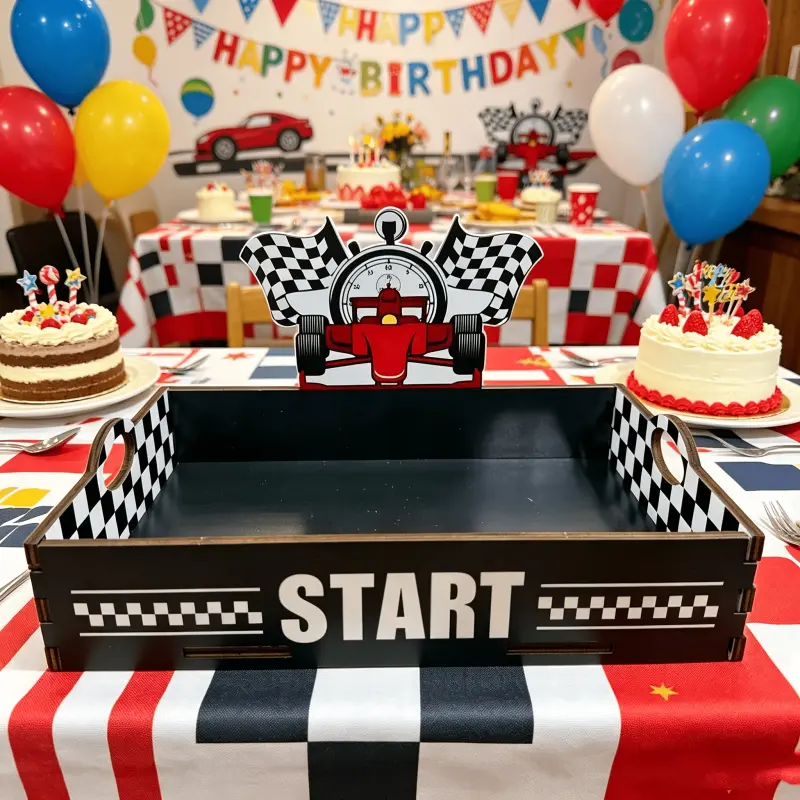 Racing-themed Wooden Trays, Black and White Checkered Pattern Start Discs, Birthday Party Decorations, Racing-themed Party Decorations, Baptism Party Decorations, Anniversary Party Supplies, Event Party Decoration Trays
