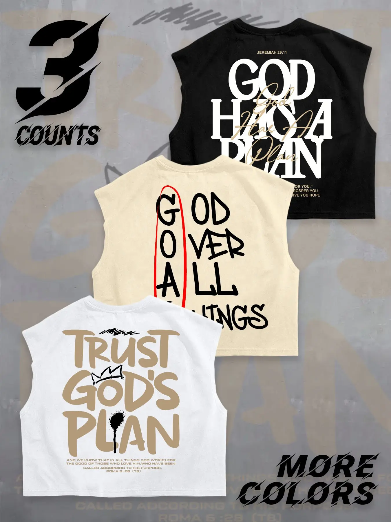 Three-Color Bible Faith God Text High Street Loose Sleeveless Sports Vest Set, Casual Cartoon Pattern, Unlined