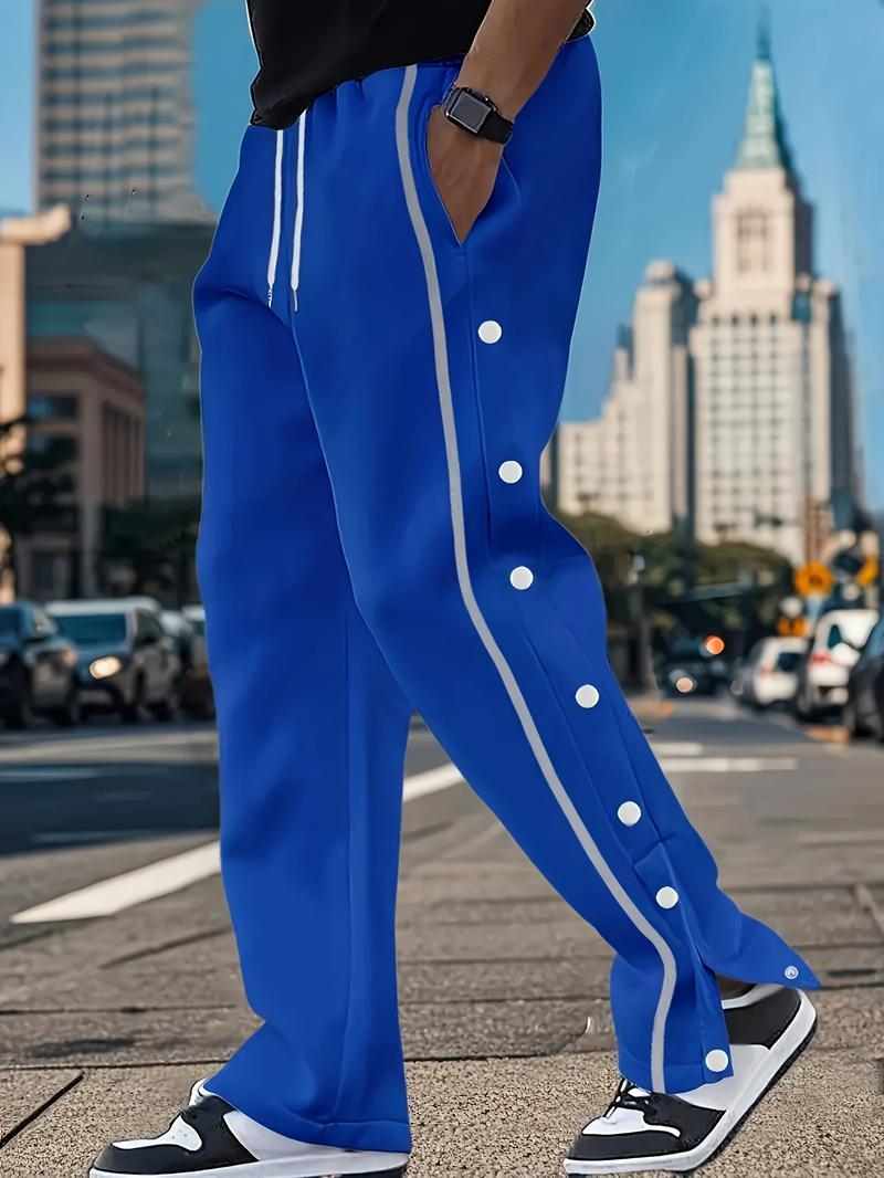 Men's Casual Polyester Pants, Solid Color, Side Stripes and Button Details, Regular Fit, Drawstring, Suitable for All Seasons, Comfortable and Fashionable for Adults