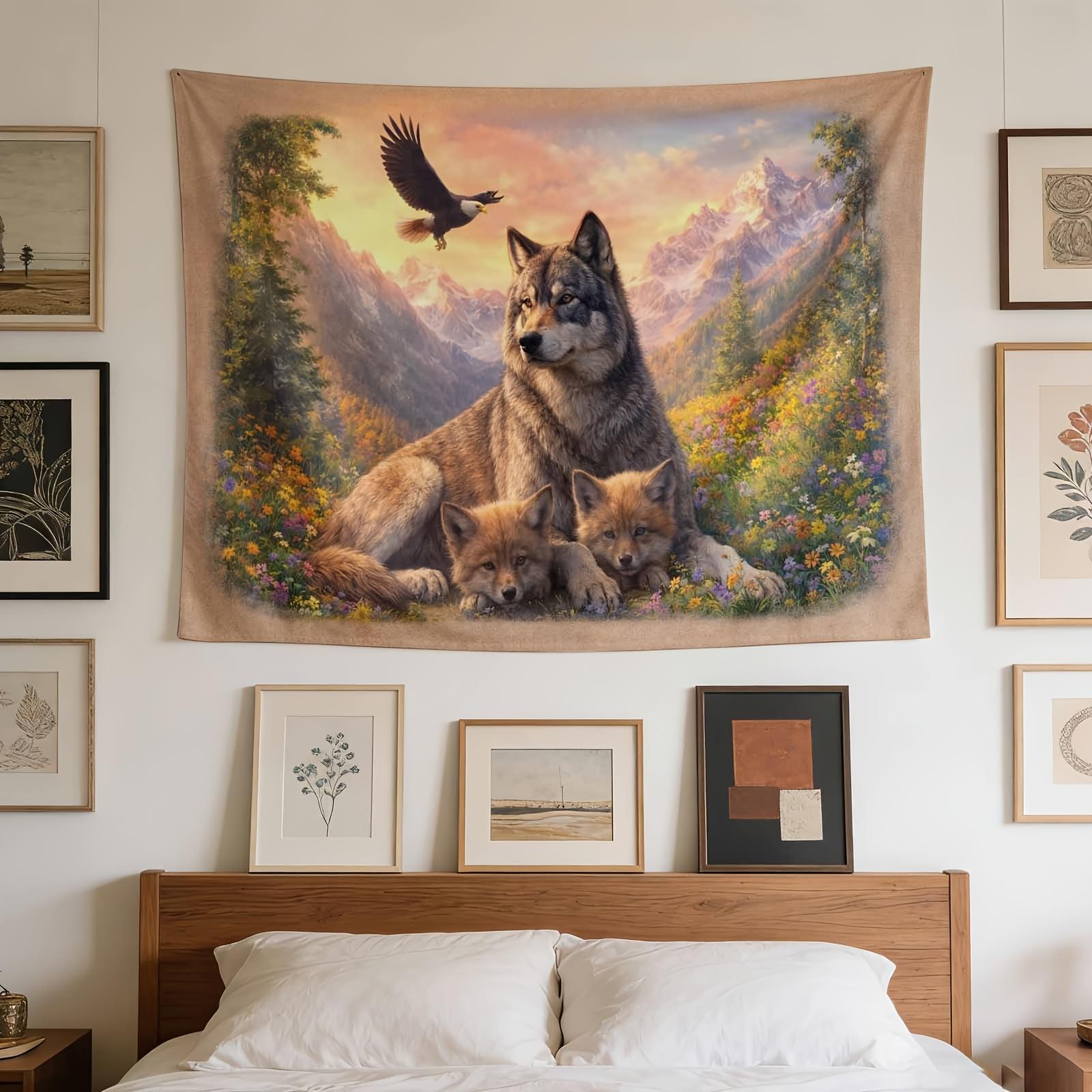 An Elegant Wall Hanging, Wolf with Cubs, Scenic Background, Ideal for Enhancing The Decor of Homes, Dormitories, And Bedrooms