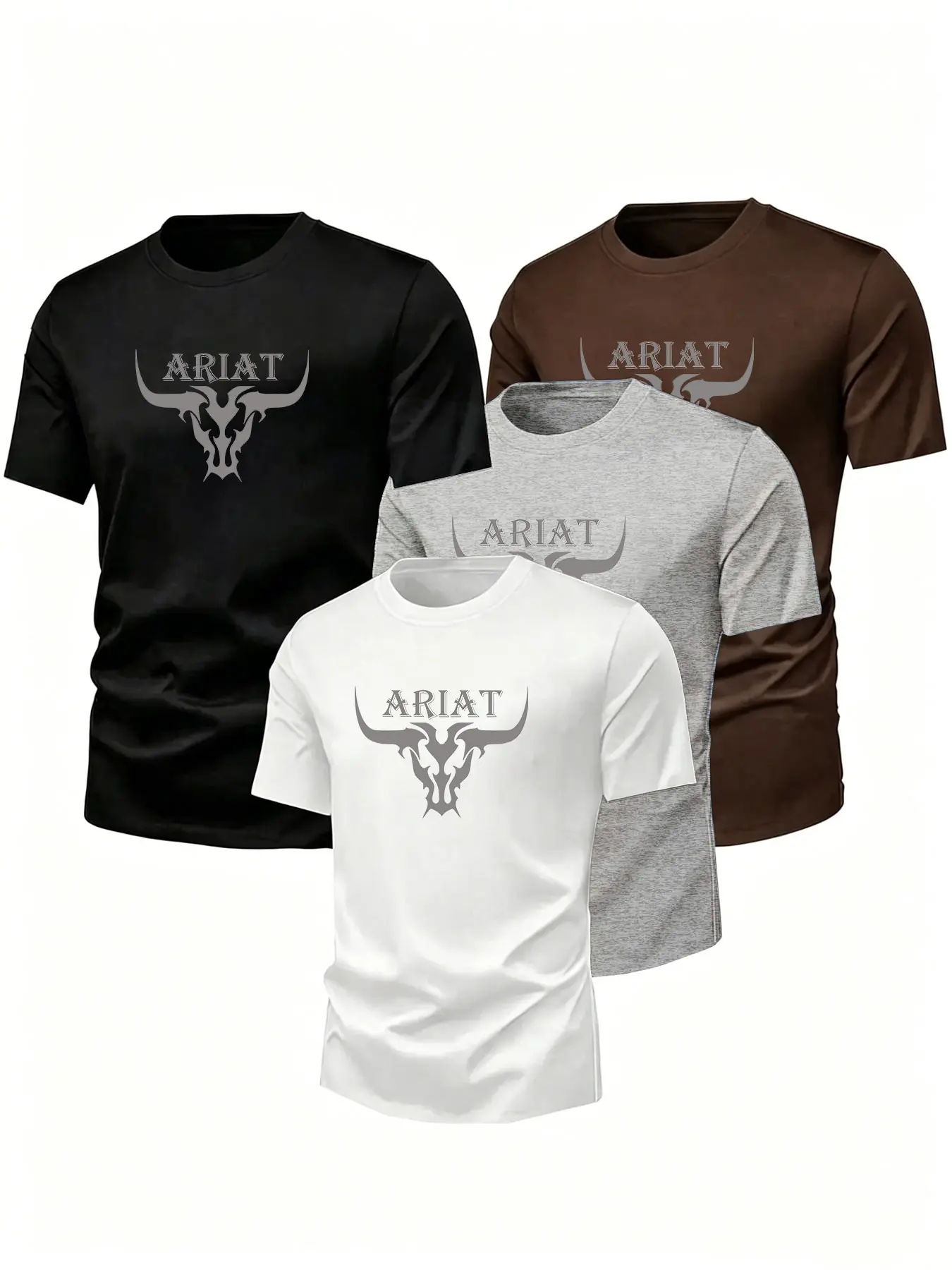 4-Pack Men's Basic Print Short Sleeve Crewneck T-Shirts, High Stretch Soft Breathable, American Country Bull Design, Versatile All-Season Wear