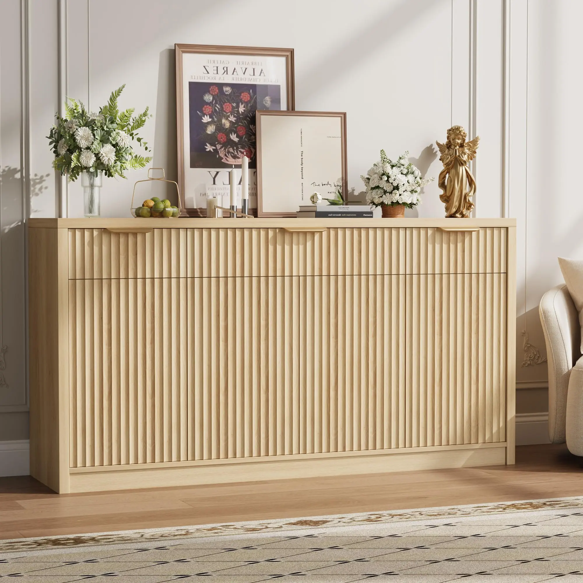 55" Modern Fluted Buffet Sideboard Cabinet – Wood Coffee Bar Storage Cabinet with 3 Drawers, 4 Doors, and Adjustable Shelves for Kitchen, Living Room, and Dining Room