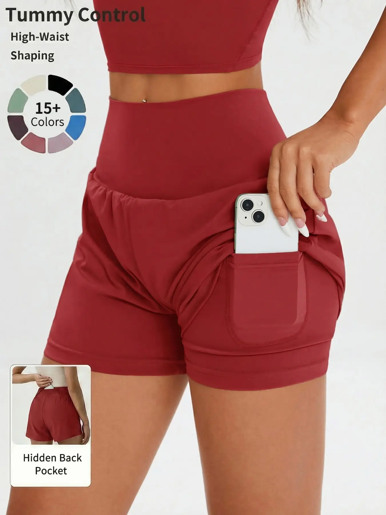 Summer Workout Sharkskin Stretch Multi-color Fake Two-piece Gym Running Shorts, Athletic Wear Shorts, Anti-chafing & Anti-ride-up Yoga Shorts with Inner Pockets, Athletic Fitness Shorts
