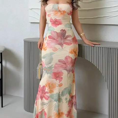 Elegant Backless Sleeveless Print Dress for Women, Summer Beachwear, Boho Wedding Dress, Bohemian Style, Tropical Vacation, Wedding Guest Gown, Party Dress