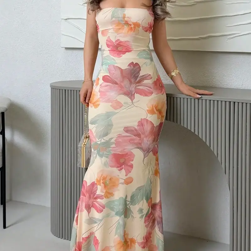 Elegant Backless Sleeveless Print Dress for Women, Summer Beachwear, Boho Wedding Dress, Bohemian Style, Tropical Vacation, Wedding Guest Gown, Party Dress