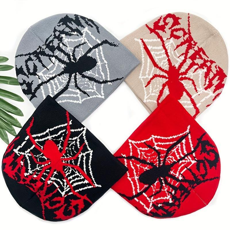 Y2K Unisex Beanie Hat with Halloween Spider Web & SCREAM Letter Design, Stretchy Elastic Band, Warm Winter Skull Cap for Streetwear, Hip-Hop, and Parties (Red/Black/White/Grey)